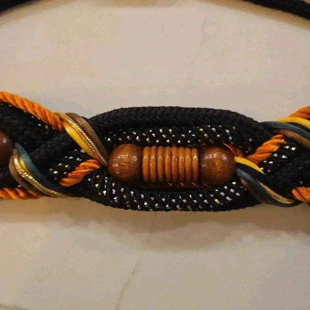 Vintage Braided Nylon Embellished Wood Accent Belt Womens Medium Large